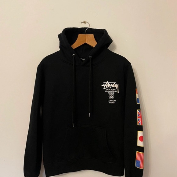 Stussy Other - Stussy Black Hoodie with International Flag Sleeve
